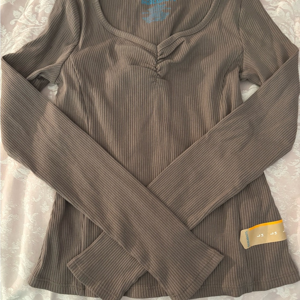 Girls Long Sleeve Ribbed Top - Brown